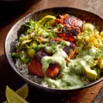 Chipotle Teriyaki Salmon Bowls with Creamy Green Sauce. First Image
