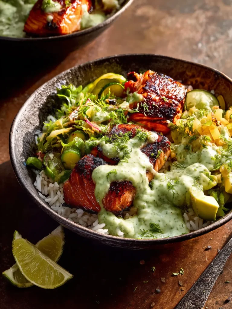 Chipotle Teriyaki Salmon Bowls with Creamy Green Sauce. First Image